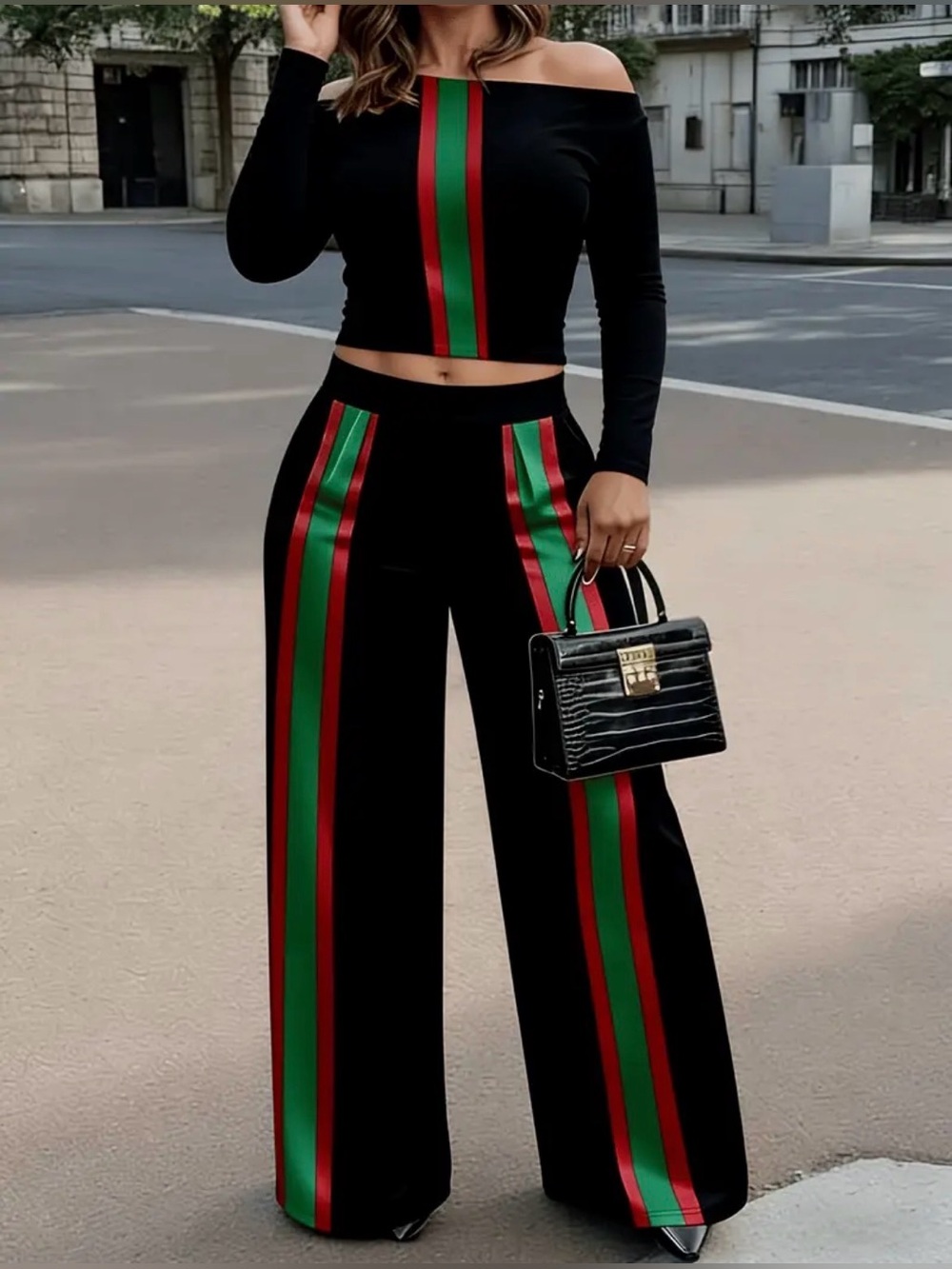 Women’s Two Piece Off Shoulder Crop Top & Wide Leg Pants Set | NEW